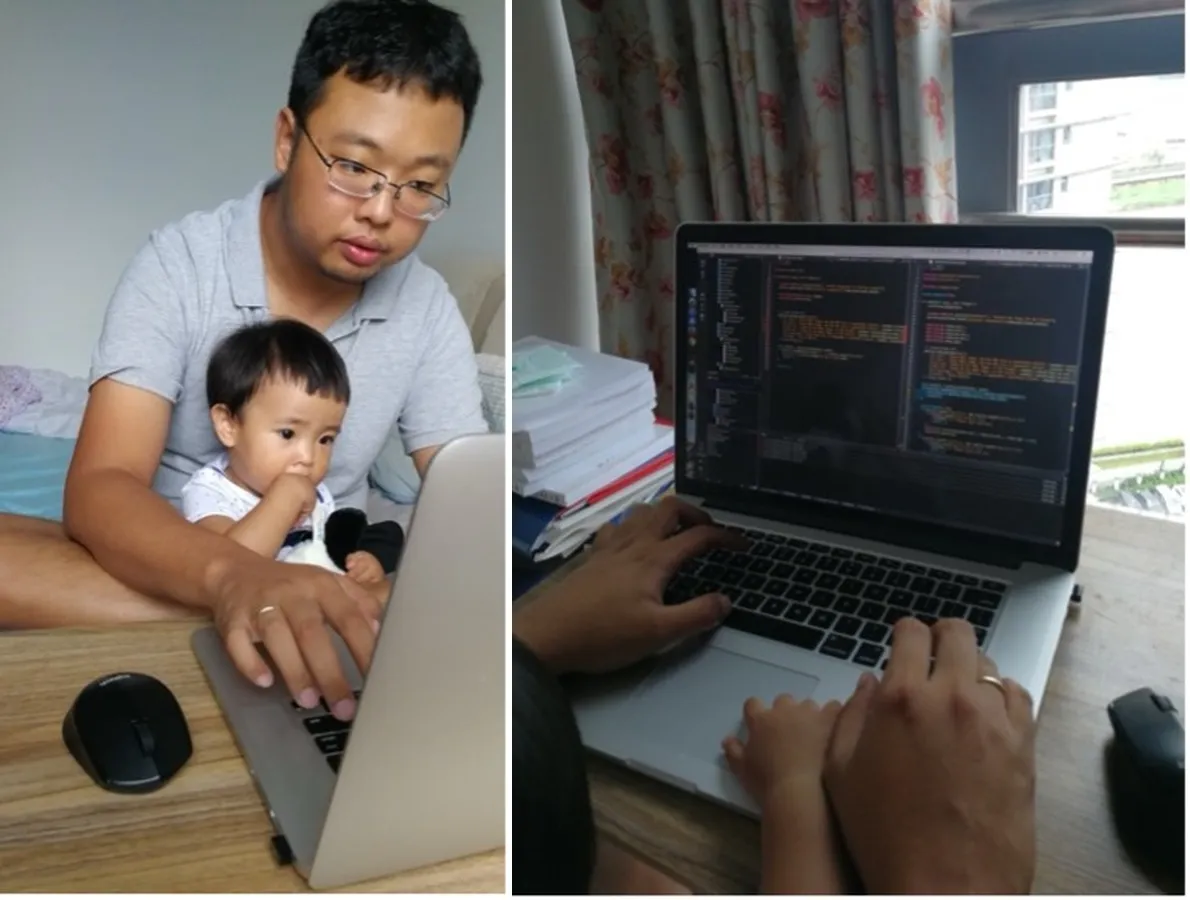 (b) 1岁的胡若水在认真调试程序bug